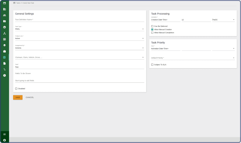 FNOL form creation and task settings